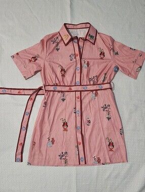 Womens Whimsical Pink Novelty Doodle Print Utility Shirt Dress M